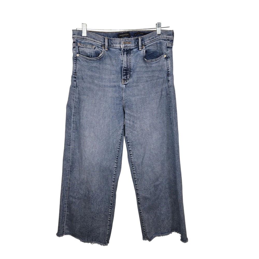 Banana Republic High Rise Wide Leg Crop Jeans Blue Raw Hem Premium Denim 32